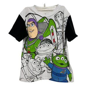 Toy Story Kids T-Shirt Boys Size 7 Buzz Lightyear & Aliens Graphic Black Sleeves